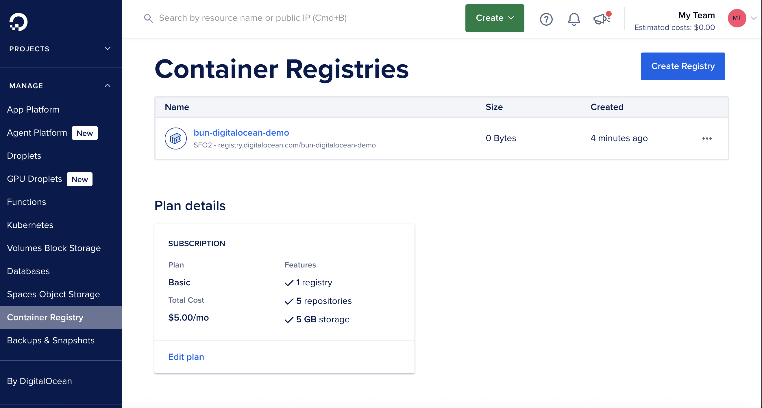 DigitalOcean 注册表控制面板