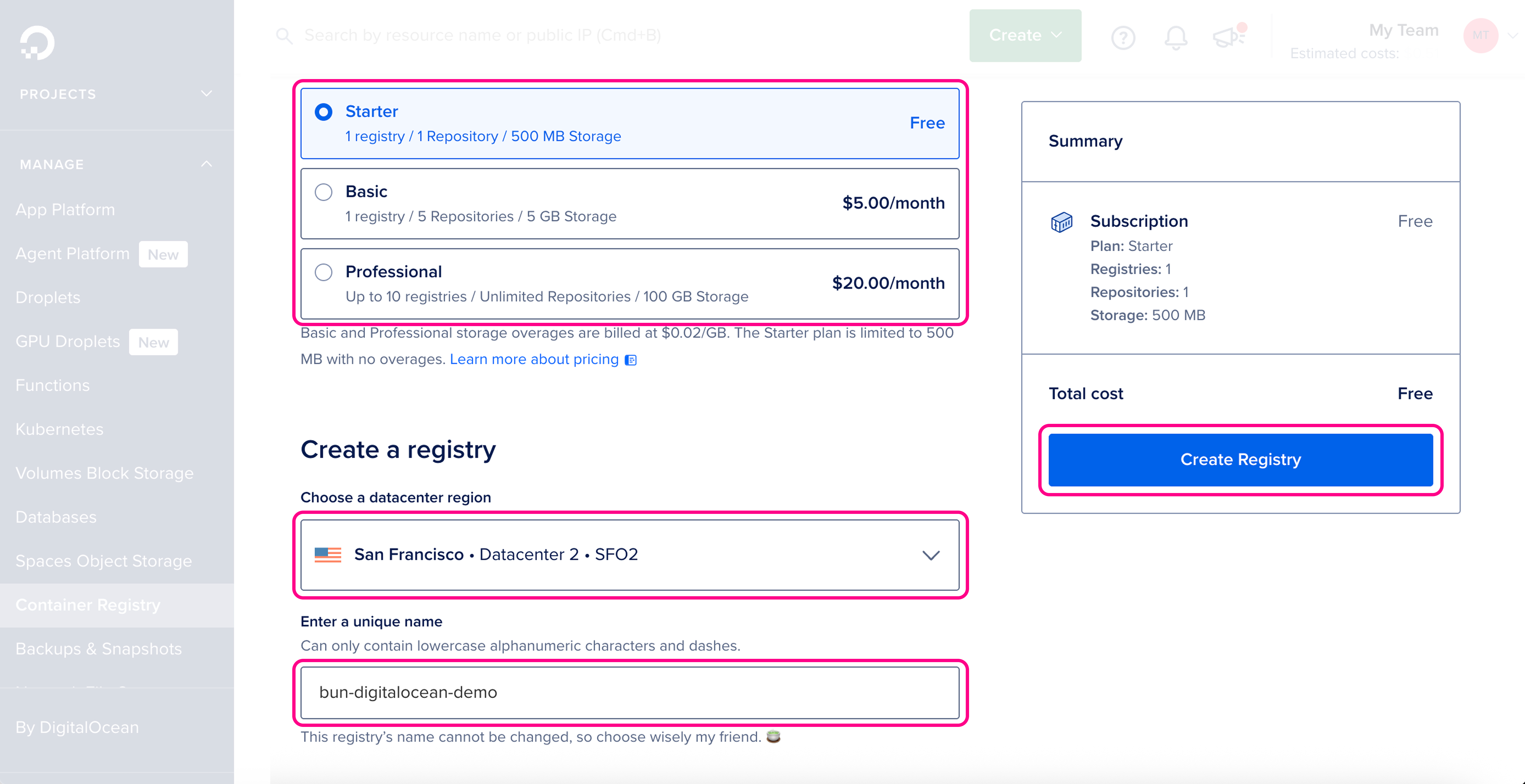 DigitalOcean 注册表控制面板